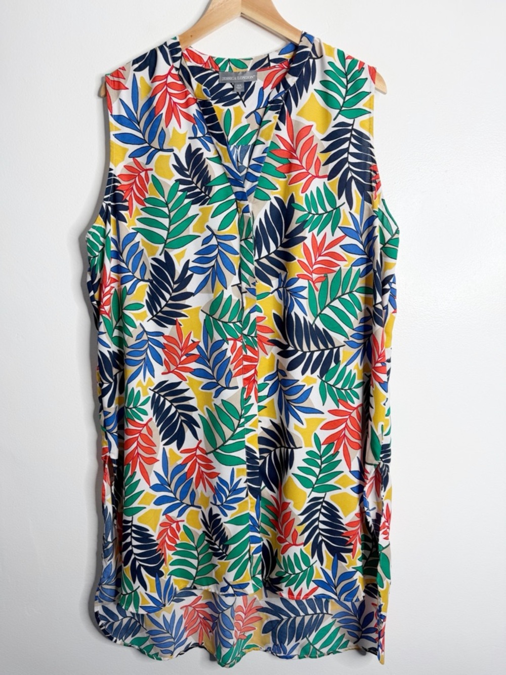 Jessica London Multicolor Leave Print Sleeveless Dress 20W Side Slit Resortwear